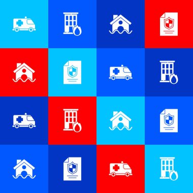 Acil durum arabasını hazırla, yanan evde yangın, evi sel bassın ve kalkan ikonuyla kontrat yap. Vektör.