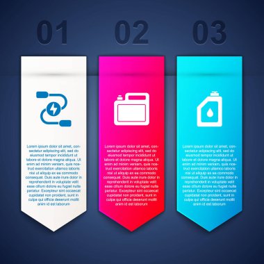 Araba aküsünün şarj kablosunu ayarlayın, motor yağı için teneke kutu ve... Ticari bilgi şablonu. Vektör.