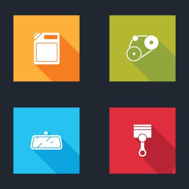 Benzin kutusu, zaman ayarlı kemer kiti, araba aynası ve motor pistonu simgesi için ayarla. Vektör.