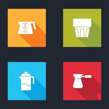 Kahve demliği, su bardağı, Fransız presi ve Türk ikonu. Vektör.