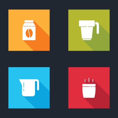 Kahve çekirdekleri, kahve fincanı, demlik ve ikon. Vektör.