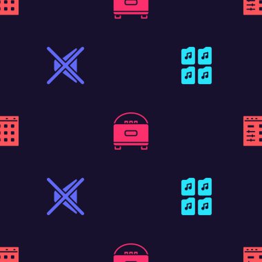 Müzik dosyası belgesini, Hoparlörü sessiz, Stereo hoparlörü ve Drum makinesini pürüzsüz desen üzerine ayarla. Vektör.