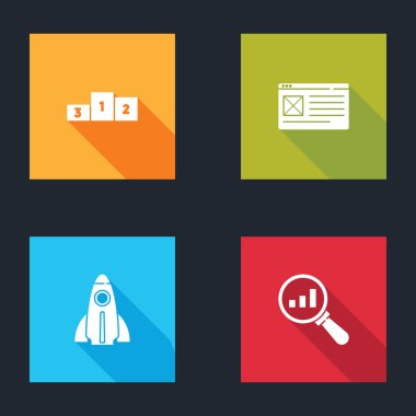 İş podyumunu, Tarayıcı penceresini, Startup proje konseptini ve büyüteç ve analiz simgesini ayarla. Vektör.