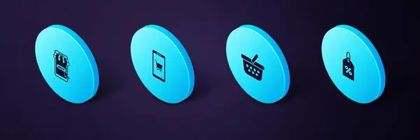 Définir Isometric Discount Pour Cent Tag Panier Mobile Panier Icône — Image vectorielle