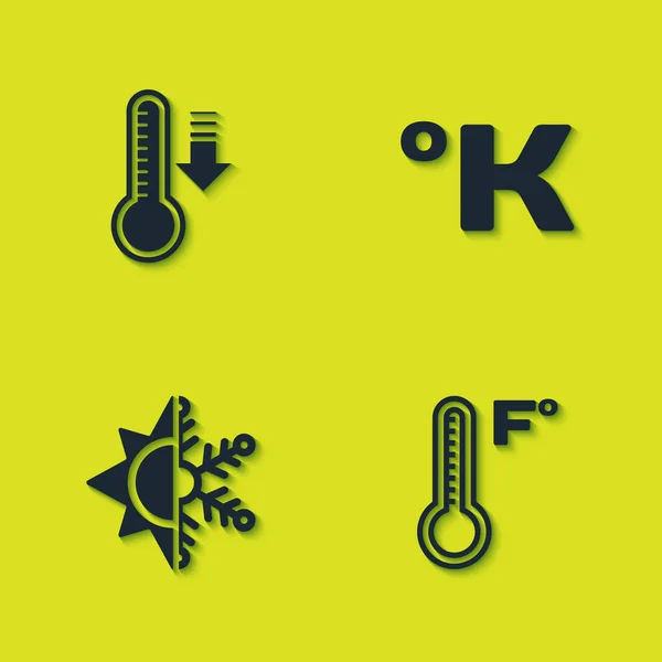 Набор Метеорологический Термометр Солнце Снежинка Икона Кельвина Вектор — стоковый вектор