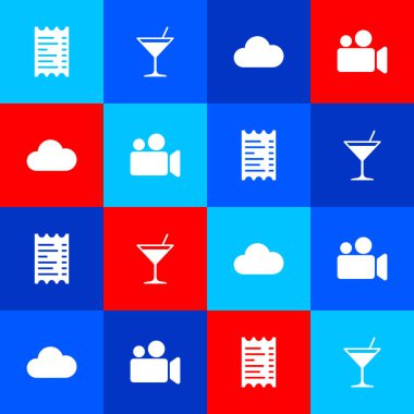 Set Paper or financial check, Martini glass, Cloud and Movie Video camera icon. Vector.