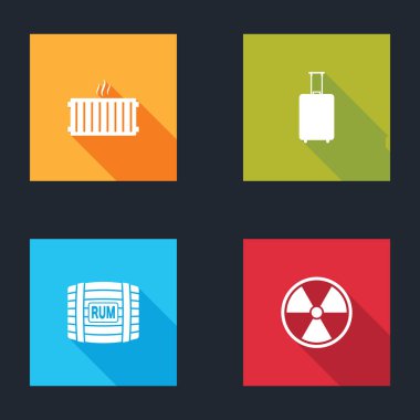 Set Heating radiator, Travel suitcase, Wooden barrel with rum and Radioactive icon. Vector.