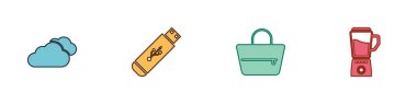 Set Cloud, USB flash drive, Handbag and Blender icon. Vector.