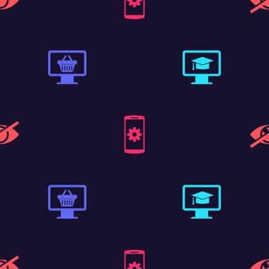 Set Monitor with graduation cap, shopping basket, Setting smartphone and Invisible hide on seamless pattern. Vector.