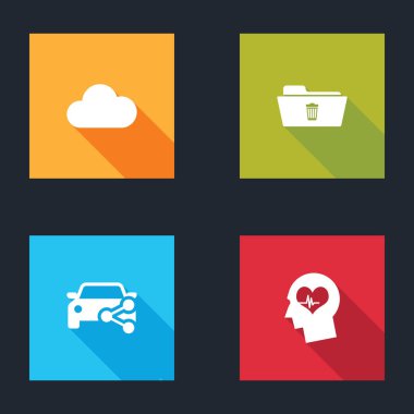 Set Music streaming service, Delete folder, Car sharing and Head with heartbeat icon. Vector.