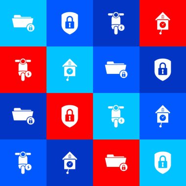 Set Folder and lock, Shield security with, Electric scooter and Retro wall watch icon. Vector.