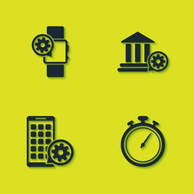 Set Smartwatch setting, Stopwatch, Mobile Apps and Bank building icon. Vector.