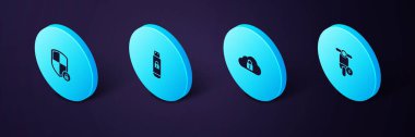 Set Isometric Electric scooter, Cloud computing lock, USB flash drive with and Shield security icon. Vector.