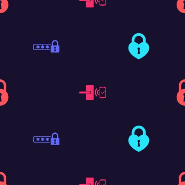 Set Castle in the shape of heart, Password protection, Digital door lock with wireless and Lock on seamless pattern. Vector.