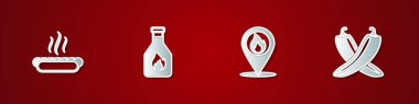 Set Hotdog sandwich, Ketchup bottle, Location with fire flame and Crossed hot chili pepper pod icon. Vector.