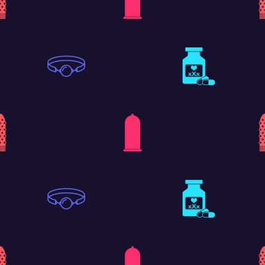 Set Bottle with pills for potency, Silicone ball gag, Condom safe sex and Dildo vibrator on seamless pattern. Vector.