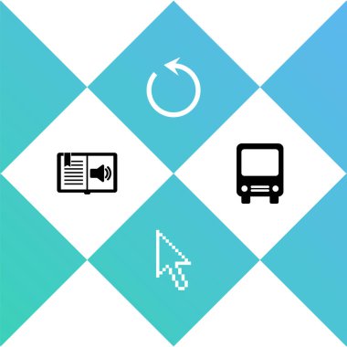 Set Audio book, Pixel arrow cursor, Refresh and Bus icon. Vector.