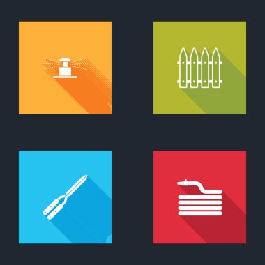 Set Automatic irrigation sprinklers, Garden fence, Gardening handmade scissor and hose fire hose icon. Vector.