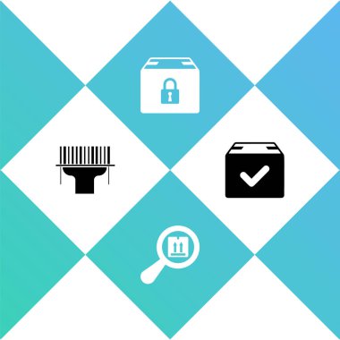 Set Scanner scanning bar code, Search package, Locked and Package box with check mark icon. Vector.