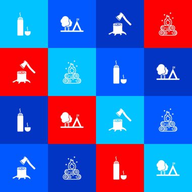 Set Thermos container, Tourist tent with flag, Wooden axe stump and Campfire icon. Vector.