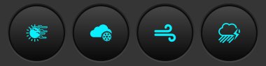 Set Fog and sun, Cloud with snow, Wind and rain lightning icon. Vector.