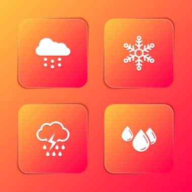 Set Cloud with snow, Snowflake, rain and lightning and Water drop icon. Vector.