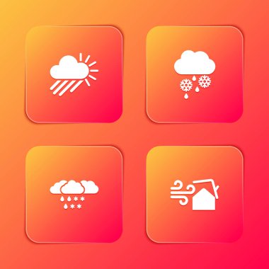 Set Cloudy with rain and sun, snow,  and Tornado swirl icon. Vector.