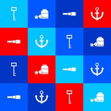 Set Pirate key, game dice, Spyglass telescope lens and Anchor icon. Vector.