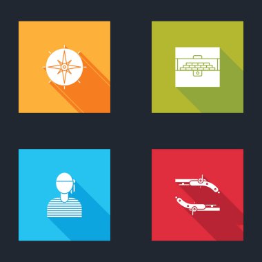 Set Wind rose, Antique treasure chest, Sailor captain and Vintage pistols icon. Vector.