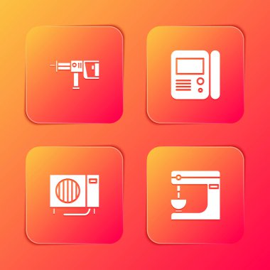 Set Rotary hammer drill machine, House intercom system, Air conditioner and Electric mixer icon. Vector.