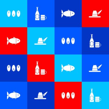 Set Pistachio nuts, Beer bottle and glass, Fish and Oktoberfest hat icon. Vector.