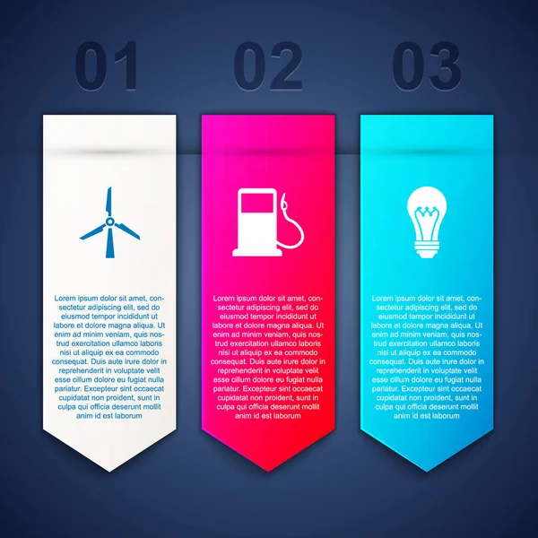 Set Wind Turbine Petrol Gas Station Light Bulb Business Infographic — Vetor de Stock