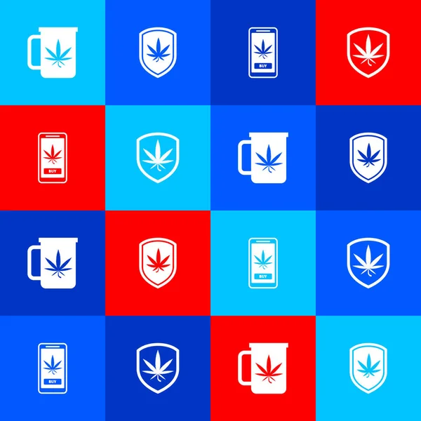 Set Cup Tea Marijuana Shield Online Buying Icon Vector — ストックベクタ