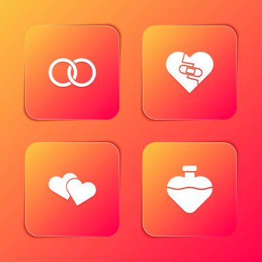 Set Wedding rings, Healed broken heart, Heart and Bottle with love potion icon. Vector.
