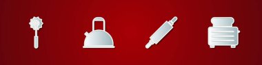 Set Pizza knife, Kettle with handle, Rolling pin and Toaster toasts icon. Vector.