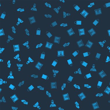 Set Hand holding with credit card, Paper shopping bag, Shopping cart on laptop and Seller on seamless pattern. Vector.