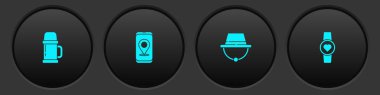 Set Thermos container, City map navigation, Camping hat and Smart watch showing heart beat rate icon. Vector.