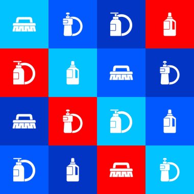 Set Brush for cleaning, Dishwashing liquid bottle and plate,  and Fabric softener icon. Vector.