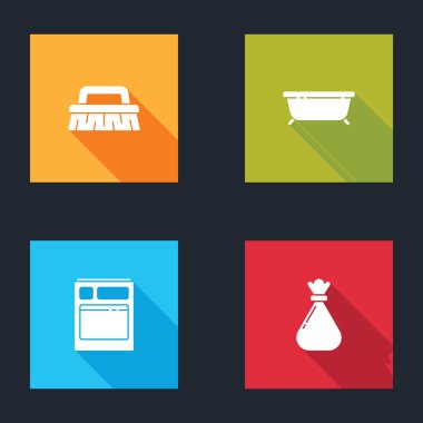 Set Brush for cleaning, Bathtub, Kitchen dishwasher machine and Garbage bag icon. Vector.