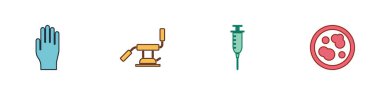 Set Medical rubber gloves, dental chair, Syringe and Petri dish with bacteria icon. Vector.