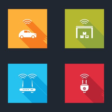 Set Smart car system with wireless, warehouse, Router and wi-fi signal and electric plug icon. Vector.