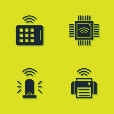 Set Wireless tablet, Smart printer, flasher siren and Processor with microcircuits CPU icon. Vector.