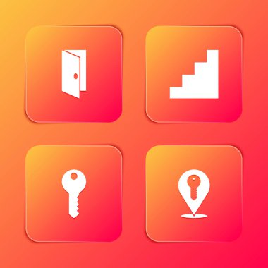 Kapalı kapı, merdiven, evin anahtarı ve konum simgesi. Vektör.