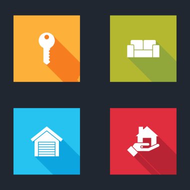 Ev anahtarını, kanepeyi, garajı ve emlakçı simgesini ayarla. Vektör.