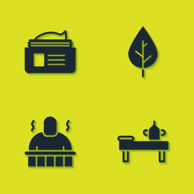 Merhem krem tüpünü, yağlı masaj masasını, saunayı, spa prosedürlerini ve Yaprak ikonunu hazırla. Vektör.