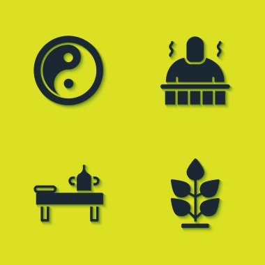 Yin Yang, Bitki, yağlı ve saunalı masaj masası ve spa prosedürleri ikonu hazırla. Vektör.