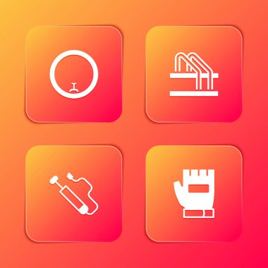 Bisiklet tekerleğini, park yerini, hava pompasını ve eldiven simgesini ayarlayın. Vektör.