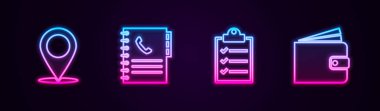 Satır haritası pimi, telefon rehberi, kontrol listesi ve cüzdanı olan pano. Parlayan neon ikonu. Vektör.