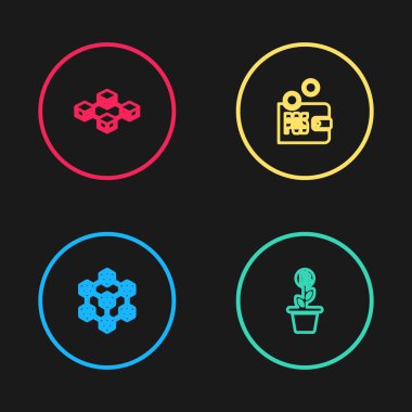 Blockchain teknolojisini ayarla, Bitcoin çömleği yerleştir, kazık ve ikonu kanıtla. Vektör.