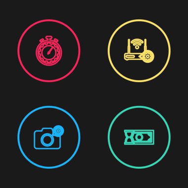 Fotoğraf makinesi ayarları, hızlı ödemeler, Router ve Wi-Fi ve Zaman yönetimi ikonu. Vektör.